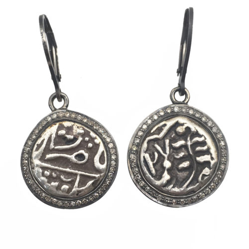 Old Coin Earrings Surrounded With Diamonds