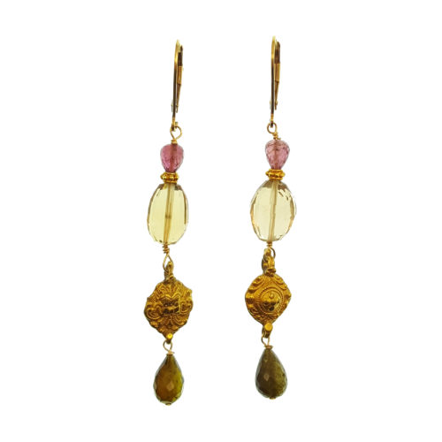 Old 18kt Gold Shield, Tourmaline and Champagne Quartz Earrings
