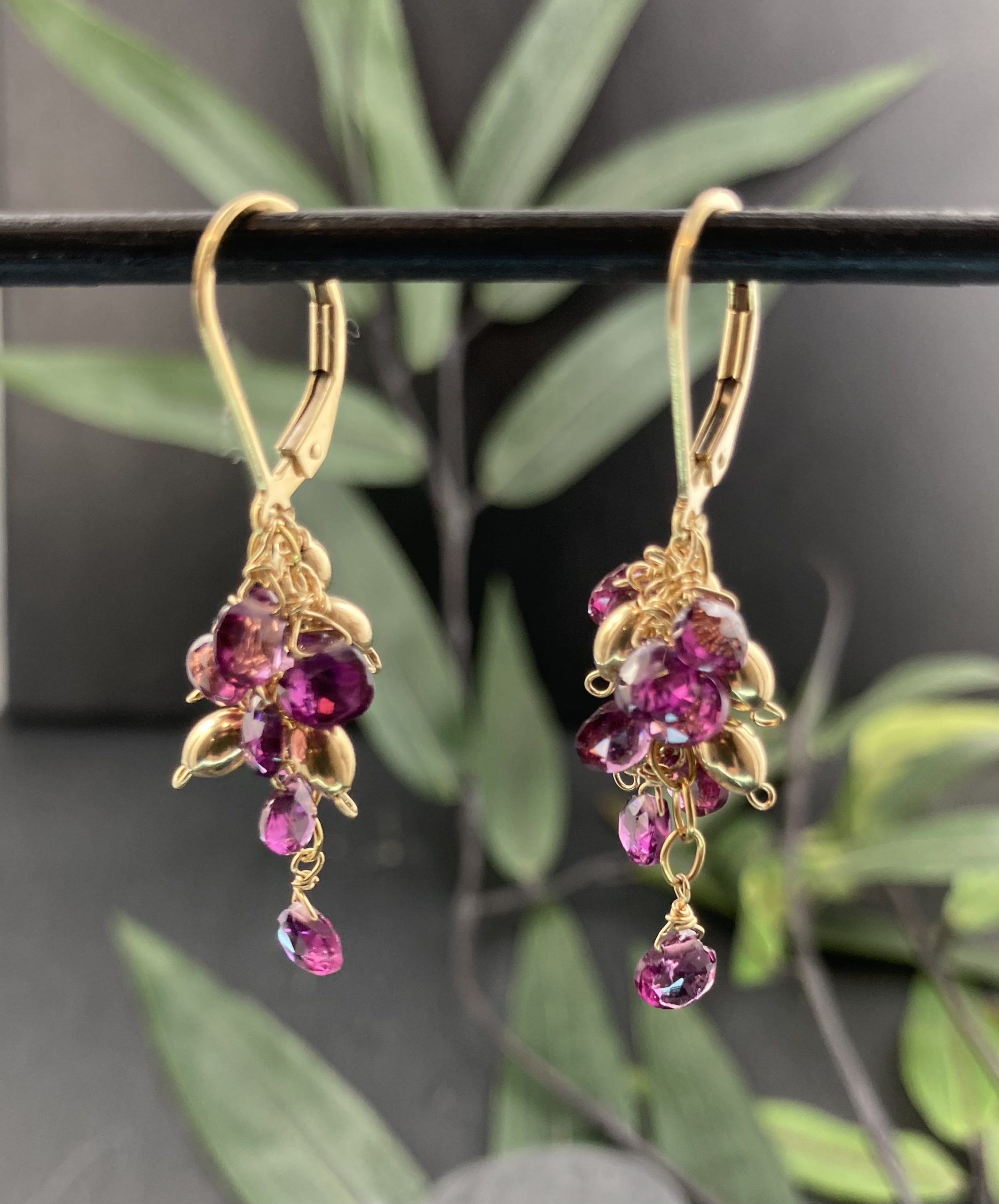 Beautiful Grapevine Earrings with Purple Garnets and Gold Fill - SKANDA