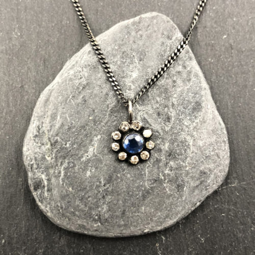 Blue Sapphire and Diamond Flower Pendant