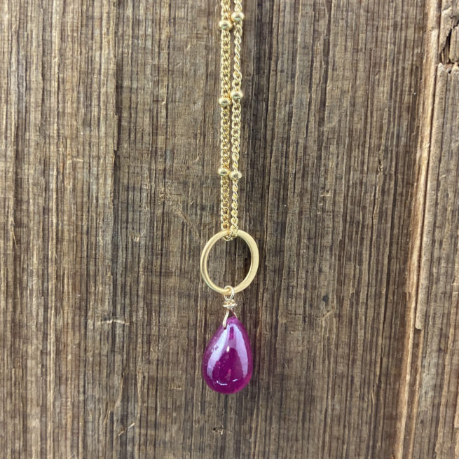 Beautiful Smooth Ruby Drop on 14KT Gold Ball Chain.