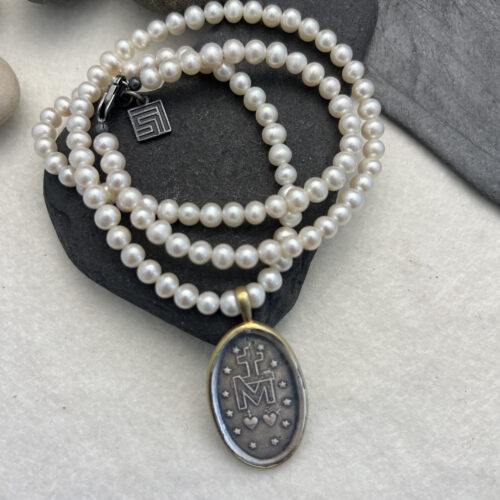 Miraculous Medal in Sterling and 18kt Gold On Freshwater Pearls