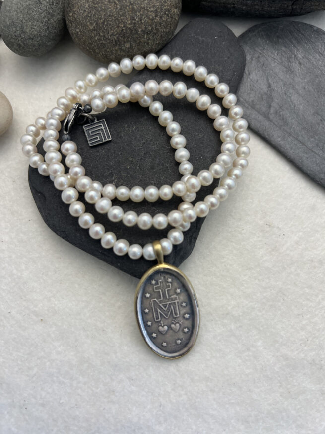 Miraculous Medal in Sterling and 18kt Gold On Freshwater Pearls