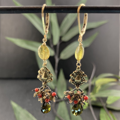 Green ,Yellow Tourmaline and Coral with Bronze Lotus Connectors