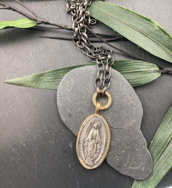 Miraculous Medal on 18KT Gold and Diamond Clasp and Oxidized Chain.
