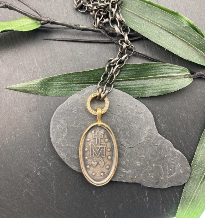 Miraculous Medal on 18KT Gold and Diamond Clasp and Oxidized Chain.