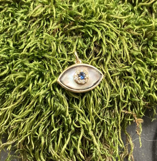 Grey Mother of Pearl, Diamond, Blue Sapphire Evil Eye Pendant in 18KT Gold