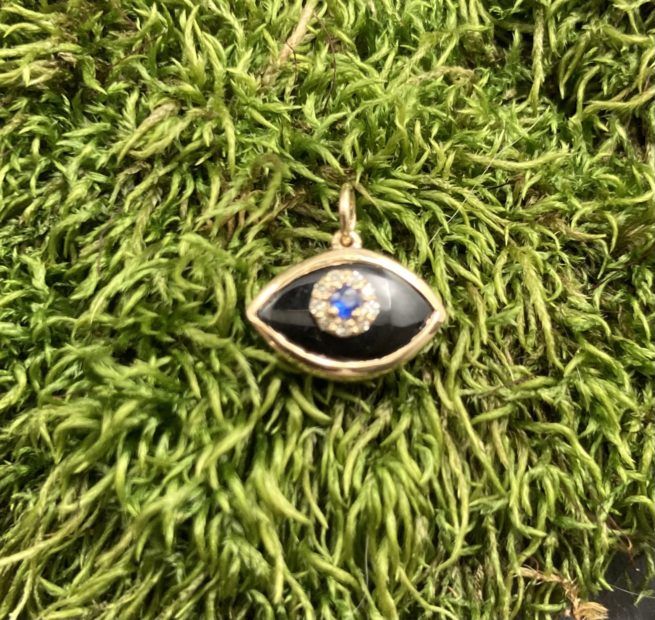 Onyx, Diamond, Blue Sapphire Evil Eye Pendant in 18KT Gold