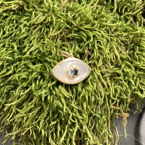 Mother of Pearl, Diamond, Blue Sapphire Evil Eye Pendant in 18KT Gold