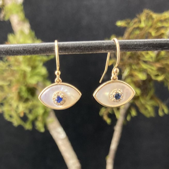 18KT Gold, Mother of Pearl Evil Eyes with Blue Sapphires