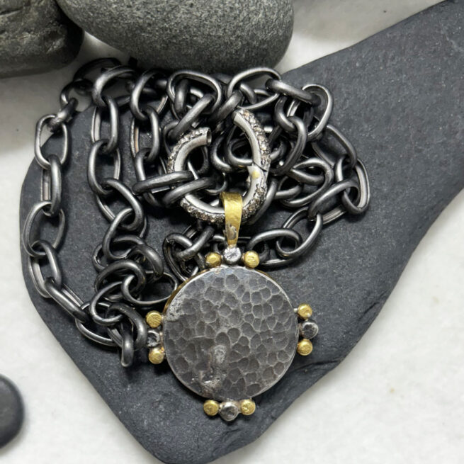 Oxidized Sterling Chain, Diamond Bella Clasp  23KT Gold, Sterling and Diamond Constantine Pendant