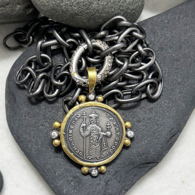 Oxidized Sterling Chain, Diamond Bella Clasp  23KT Gold, Sterling and Diamond Constantine Pendant