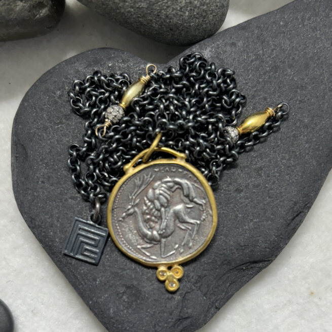 Athena,  Goddess of Wisdom Pendant in 24KT Gold, Sterling Silver, Diamond