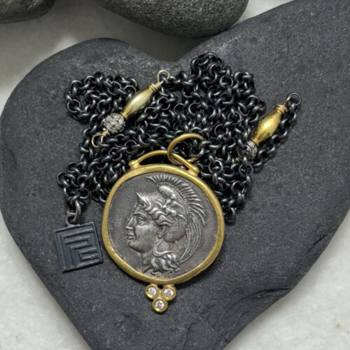 Athena,  Goddess of Wisdom Pendant in 24KT Gold, Sterling Silver, Diamond