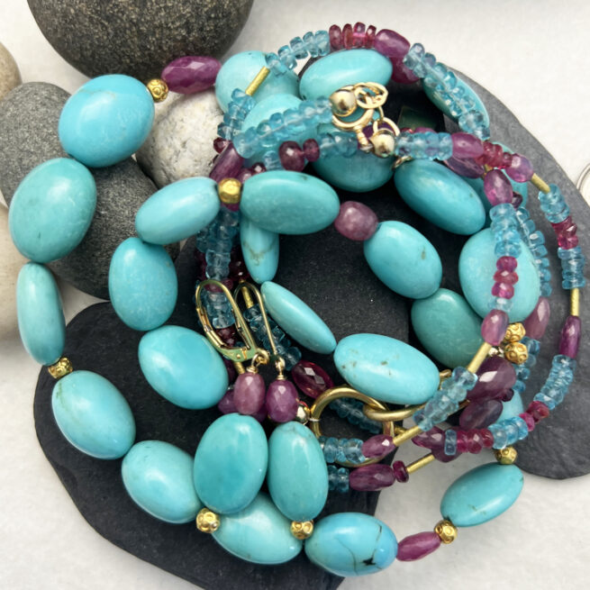 Turquoise , 18KT Gold and Ruby Necklace