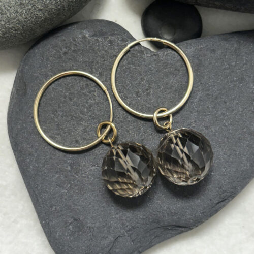 Round Faceted Smokey Quartz on 14kt Gold Fill Hoops