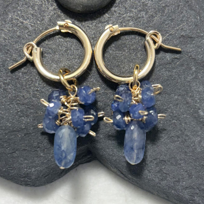 Blue Sapphire Cluster Earrings on 14KT Gold Fill Hoops