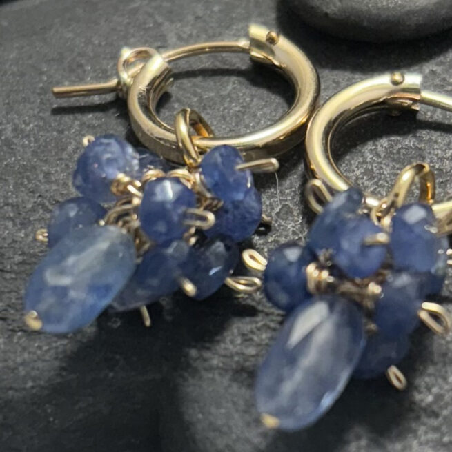 Blue Sapphire Cluster Earrings on 14KT Gold Fill Hoops