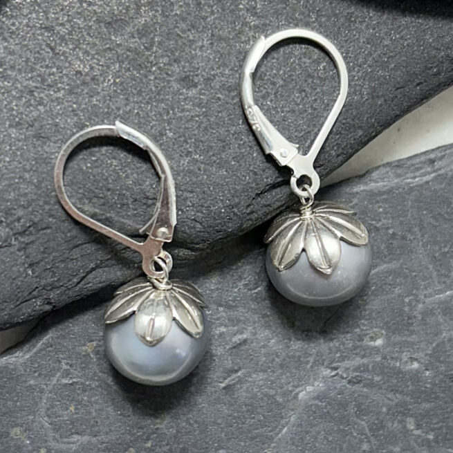 Grey Freshwater Flower Cap Pearl Earrings